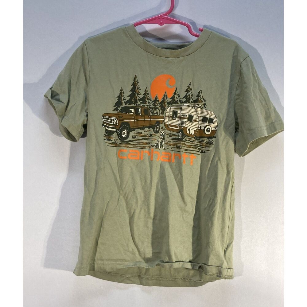 Carhartt Boys Short Sleeve Truck Camper Dog Camping Graphic Tee Shirt Green 7